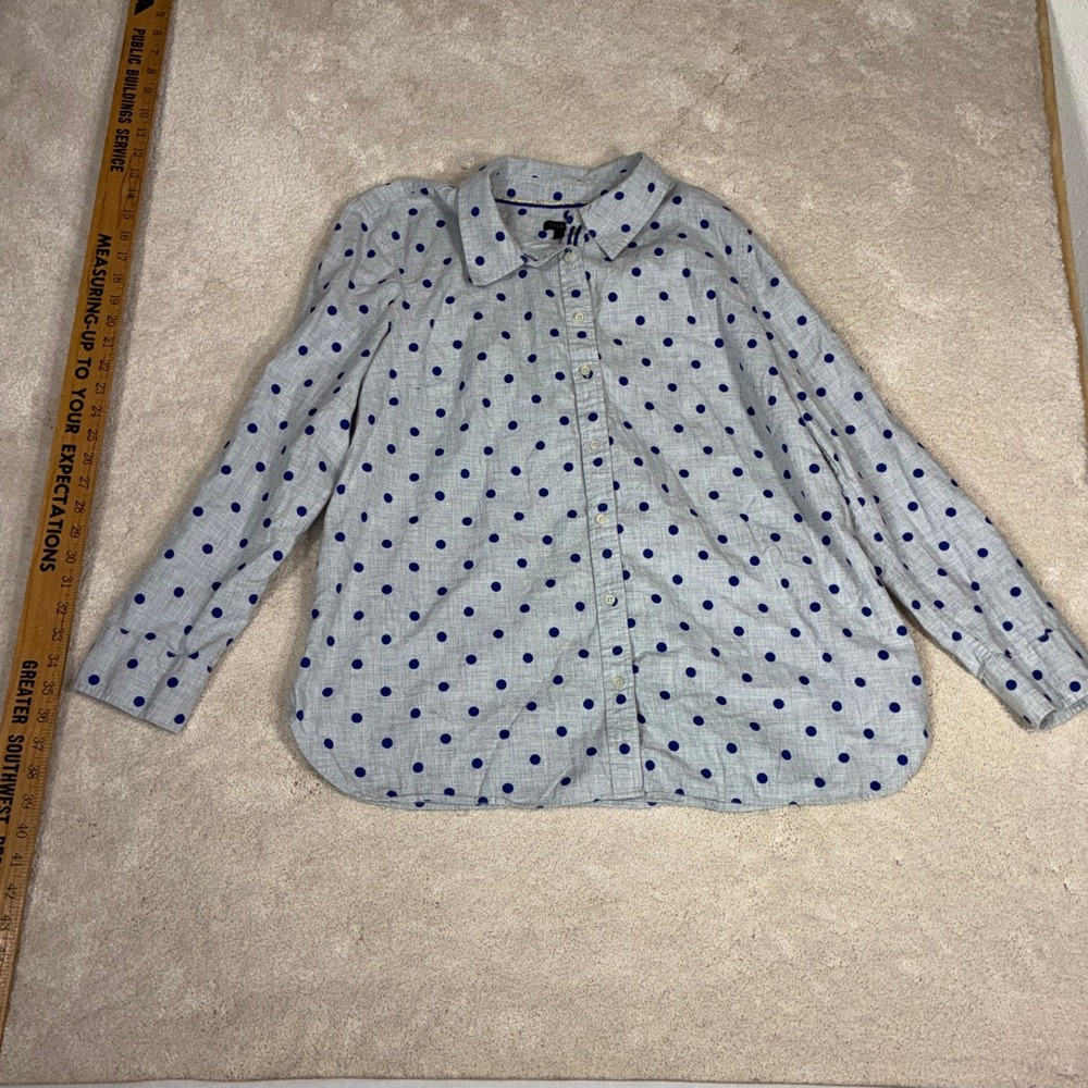 Talbots XL Grey Blue Polka Dot Cotton Button Down Shirt Long Sleeve Boss Babe